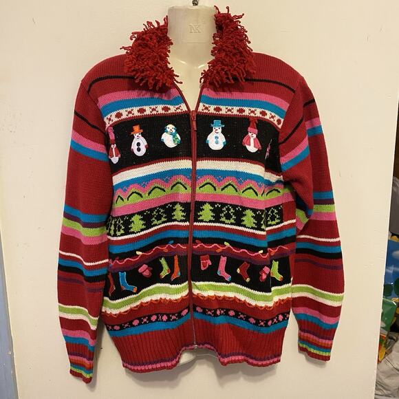 Vintage Christmas Ugly Knit Sweater Women MP Ramie Cotton Colorful FullZip Cozy - Picture 6 of 9